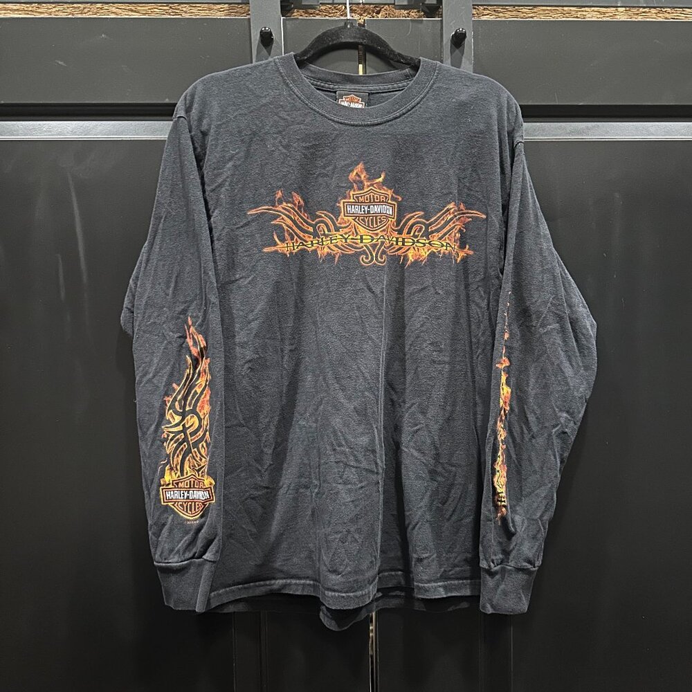 Harley Davidson Motorcycles Long Sleeve Black TShirt with Flame Details